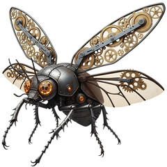 Fototapeta premium Detailed steampunk mechanical insect, resembling a beetle or fly, with intricate golden gears, metallic body plating, and glowing orange eyes, isolated on transparent background.