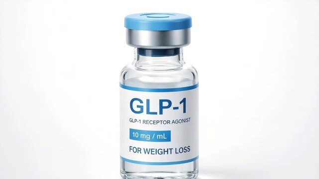 Glass vial containing GLP-1 receptor agonist for weight loss is shown from multiple angles, highlighting the label and cap details in a clean, bright setting