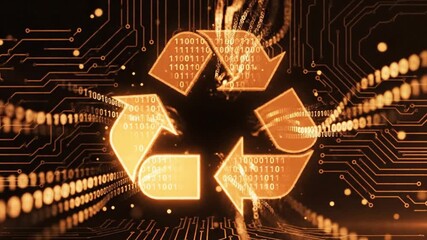 Golden recycling symbol with binary code on circuit board background - Powered by Adobe