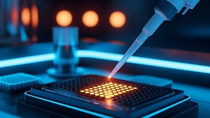 Automated laboratory pipette dispensing glowing liquid into a microplate for scientific research