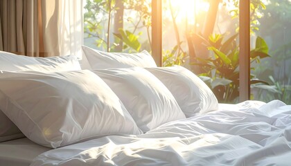 Serene Bedroom Scene - Morning Sunlight Illuminating White Bedding and Pillows.