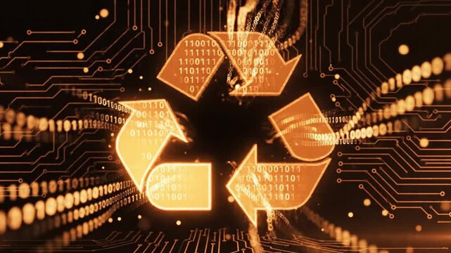 Golden recycling symbol with binary code on circuit board background