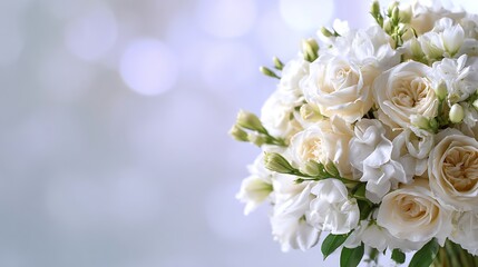 Awesome photo of elegant white bridal bouquet with roses and lisianthus on blurred background.