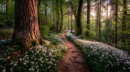 Awesome photo of winding path through a lush green forest bordered by white wildflowers, illuminated by sunlight.