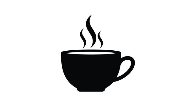A simple black and white illustration depicting a steaming cup of coffee or tea