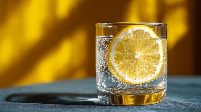 Awesome photo of glass of water with lemon slice and bubbles on a table.