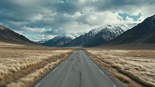 Open road leading through a vast valley towards dramatic snowcapped mountains under a cloudy sky, 4k