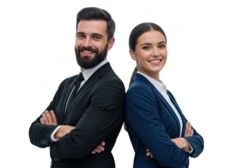 Smiling business professionals standing back to back with arms crossed isolated on transparent background