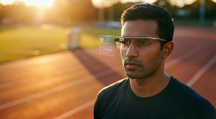 Athlete analyzing performance data via AI smart glasses during outdoor training