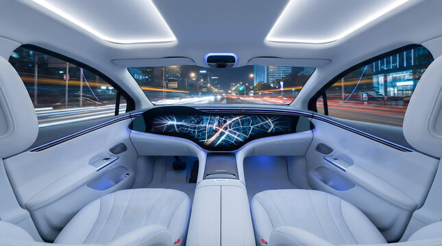 Futuristic self-driving car interior with interactive AI dashboard and luxury seating - Powered by Adobe