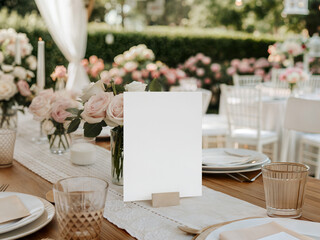 Romantic garden wedding table sign mockup with blank card on wooden stand and floral decor