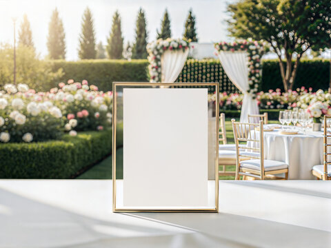 Elegant outdoor wedding table sign mockup with blank gold frame and garden ceremony
