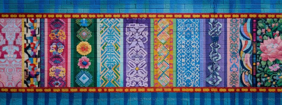 Vibrant Hmong Tapestry Mural Featuring Intricate Patterns and Designs Inspired by Local Culture