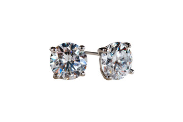 Close-up of a pair of round brilliant-cut stud earrings.  Sparkling clear gemstones.  Delicate silver-tone settings