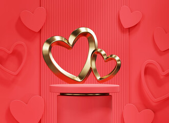 Valentine's day red podium with gold heart product display background 3d rendering	