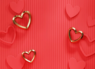 Valentine's day red gold heart with red background copy space 3d rendering	