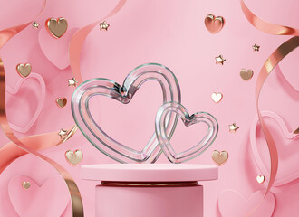 Valentine's day pink podium with clear heart product display background 3d rendering	
