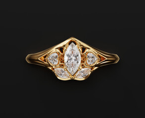 Gold Diamond Ring Marquise and Heart Top View Isolated on Black Background 3D Rendering	
