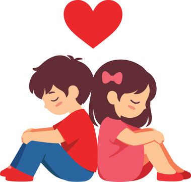 Cute Valentine&rsquo;s Day Illustration of a Shy Boy and Girl Sitting Back to Back with Heart