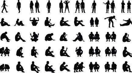 Vector silhouette collection of people standing, sitting, and crouching, featuring diverse group poses, casual human figures for architectural urban landscape visualization.
