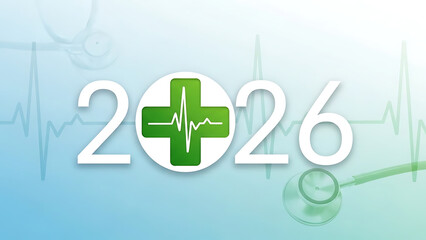 Medical future concept 2026 with green cross and heartbeat line