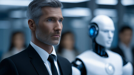 Businessman standing beside a humanoid robot in a corporate environment, symbolizing cooperation between humans and artificial intelligence.
