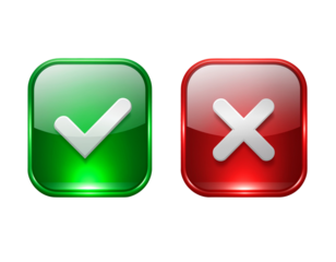 Glossy Green Check Mark and Red Cross Mark Buttons, UI Symbol PNG, isolated on a transparent background.