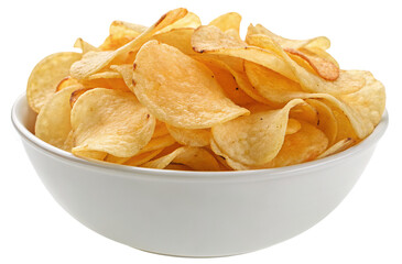 Delicious potato chips in a white bowl on transparent background
