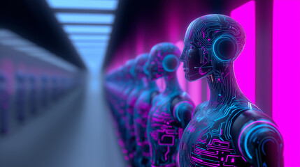 Row of humanoid robots standing in a futuristic corridor illuminated with neon light, symbolizing mass artificial intelligence and automation.
