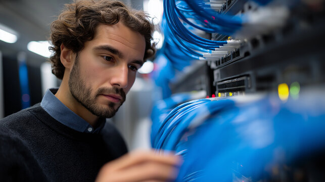 IT specialist connecting network cables in a server room, symbolizing data infrastructure and digital technology maintenance.
 - Powered by Adobe