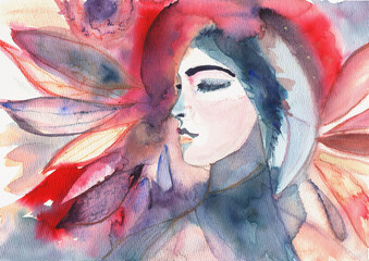 Hand Painted Watercolor Portrait with Botanical Elements and Emotional Presence