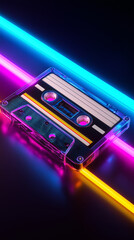 Retro audio cassette illuminated by colorful neon lights, symbolizing nostalgia, music culture, and vintage technology.
