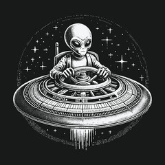 Alien Pilot Navigating Spaceship Through Starry Galaxy Illustration.