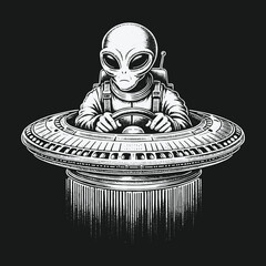 Alien Pilot Navigating a UFO Through Space in Monochrome.