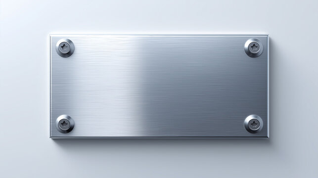 Blank brushed metal plate with screws mounted on a light background, symbolizing minimal industrial design and empty signage.
