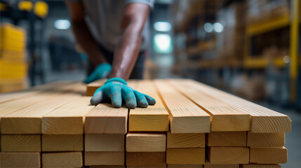 Worker wearing protective gloves handling wooden planks in a carpentry workshop, symbolizing craftsmanship and manual labor.
