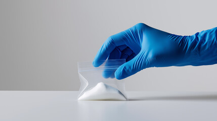 Gloved hand holding a plastic bag with white fentanyl powder in a laboratory setting, symbolizing illegal drugs, forensic analysis, and opioid crisis.
