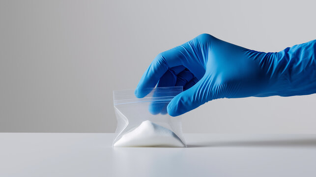 Gloved hand holding a plastic bag with white fentanyl powder in a laboratory setting, symbolizing illegal drugs, forensic analysis, and opioid crisis.
