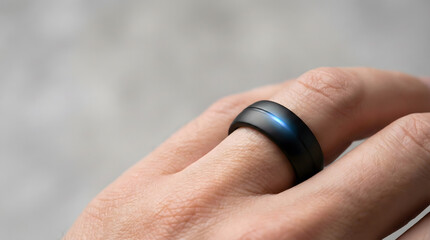 Close up of high tech smart ring for AI health monitoring on finger