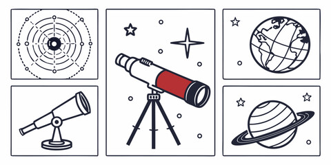 Collection of five stylized iconographic panels depicting various astronomical objects like telescopes planets and celestial navigation targets for science education