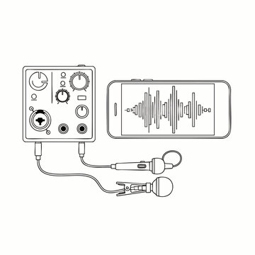 Audio recording setup illustration: mobile mixer, smartphone with sound waves, and lavalier microphones for podcasting, interviews, and content.