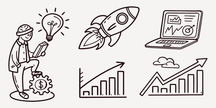 Hand drawn doodle icons illustrating essential startup business concepts including an idea lightbulb a rocket launch growth charts and professional analysis on a laptop
