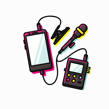 Portable audio recording equipment for content creators, featuring a smartphone, lavalier microphone, and compact digital voice recorder.