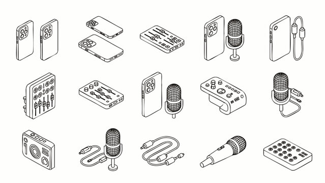 Isometric line icons set of audio recording and mobile technology with smartphones, microphones, and sound equipment for digital media production.