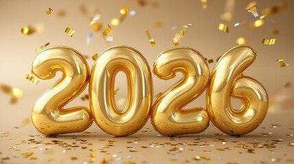 Golden 2026 numbers with falling confetti symbolizing New Year celebration, success, and future optimism.
