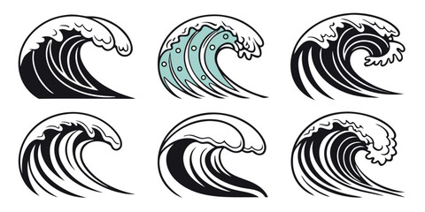 Fototapeta premium Collection of six stylized ocean wave icons featuring various graphic designs including solid black and aqua colored illustrations perfect for nautical themes