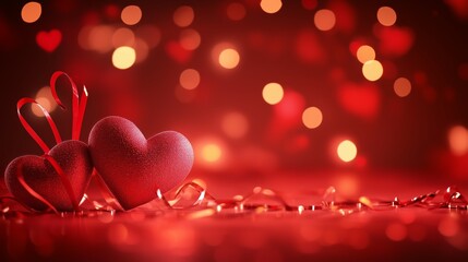 Valentines Day Banner Background Featuring Red Heart Shapes With Sparkling Bokeh Lights Creating Romantic Copy Space