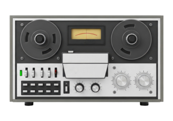 Silver and Black Vintage Tape Recorder with Analog Knobs Isolated on Transparent PNG Background.