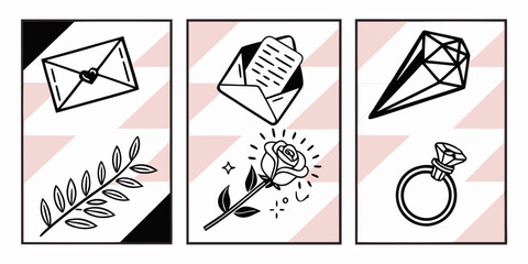 Collection of romantic minimalist line art illustrations featuring love letters a sparkling rose a diamond and an engagement ring perfect for proposals