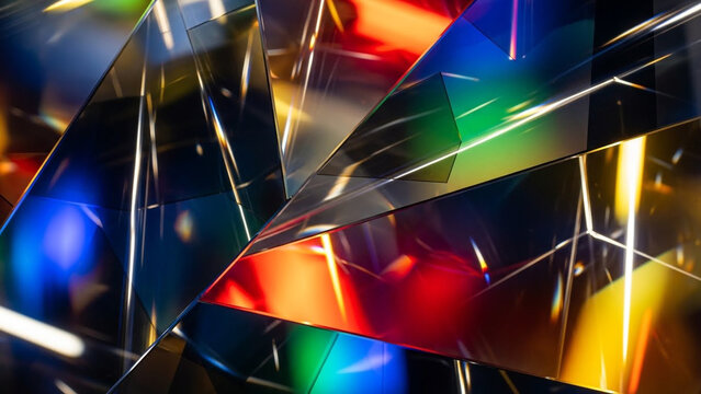 Colorful Geometric Prism Reflections Abstract Background with Shiny Multicolored Glass Pieces and Light Effects